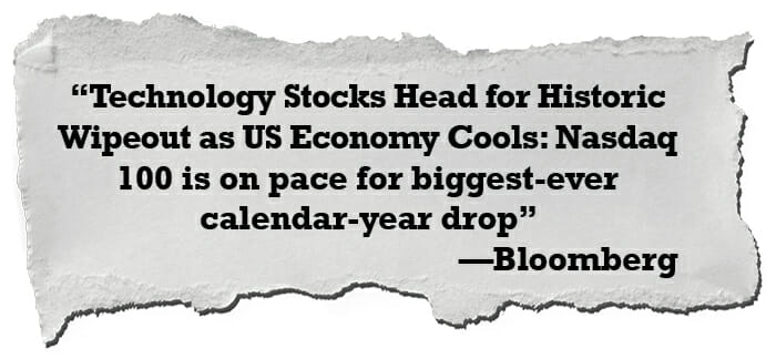 Technology Stocks Head for Historic Wipeout as US Economy Cools: Nasdaq 100 is on pace for biggest-ever calendar-year drop —Bloomberg